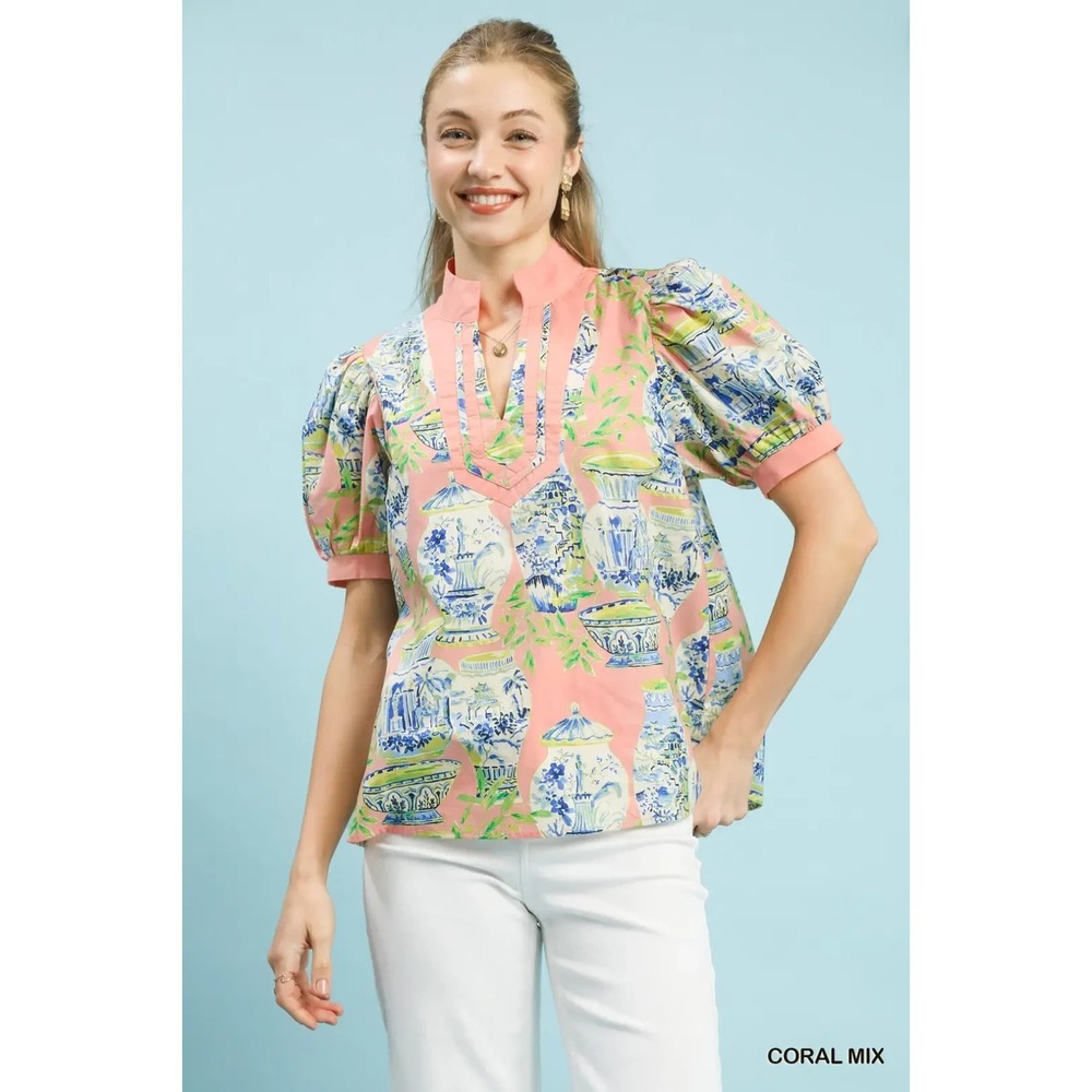 Umgee Abstract Print V-Neck Top -‎ Small
